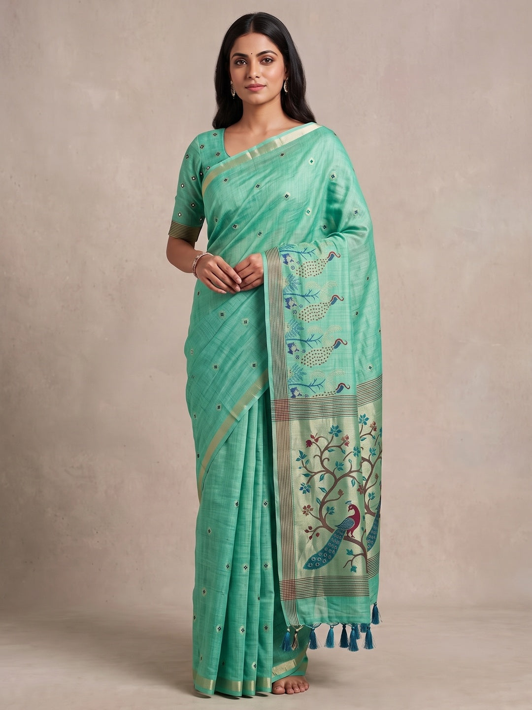 Peachmode Rama Green Cotton Blend Mirror Motif Saree - Image 2