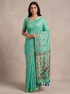 Peachmode Rama Green Cotton Blend Mirror Motif Saree - Image 2