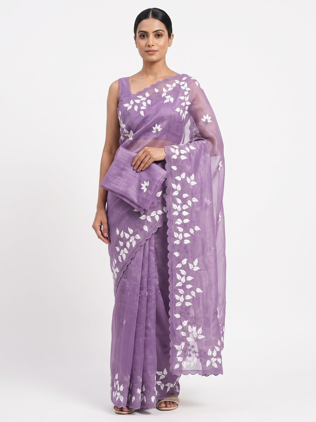 Purple Organza Saree Featuring Fine Floral Embroidery - Image 1