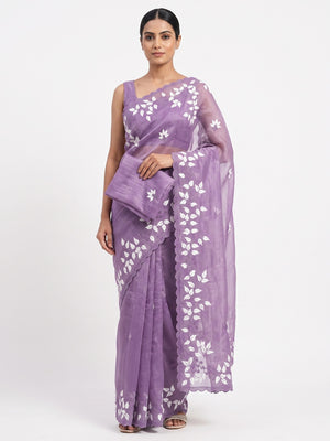Purple Organza Saree Featuring Fine Floral Embroidery - Image 1