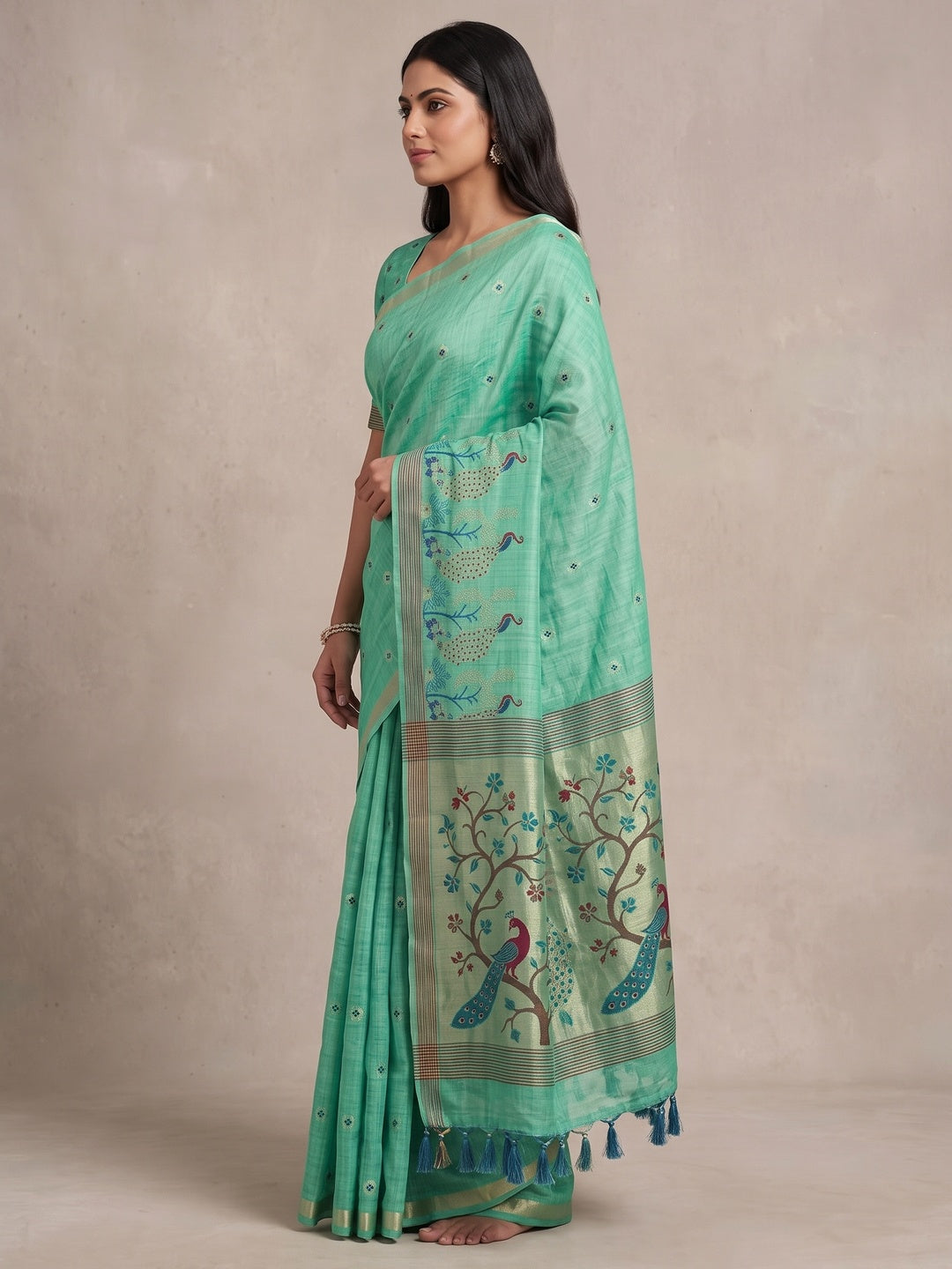 Peachmode Rama Green Cotton Blend Mirror Motif Saree - Image 3