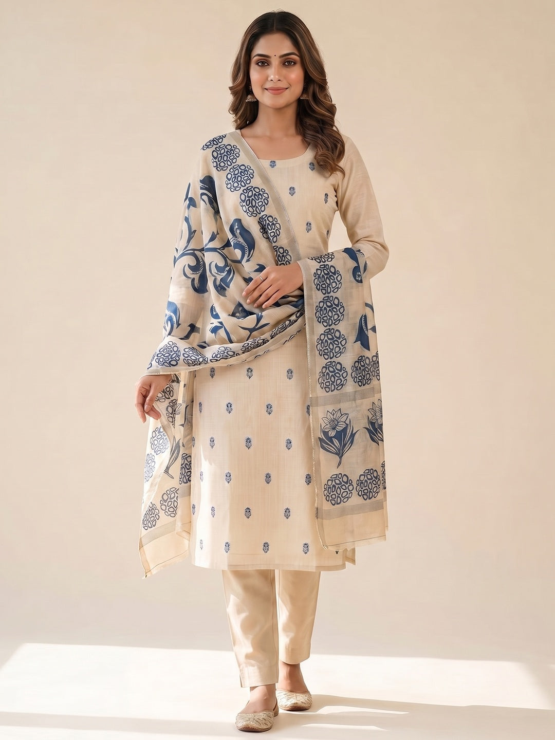 Peachmode Cream & Blue Linen Cotton Dress Material with Ethnic Motifs - Image 1