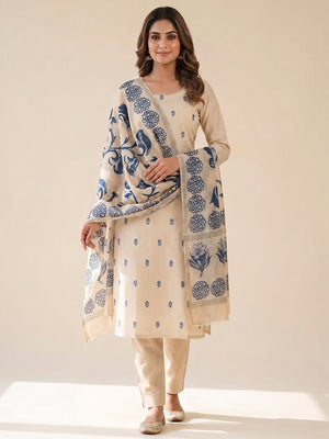Peachmode Cream & Blue Linen Cotton Dress Material with Ethnic Motifs - Image 1