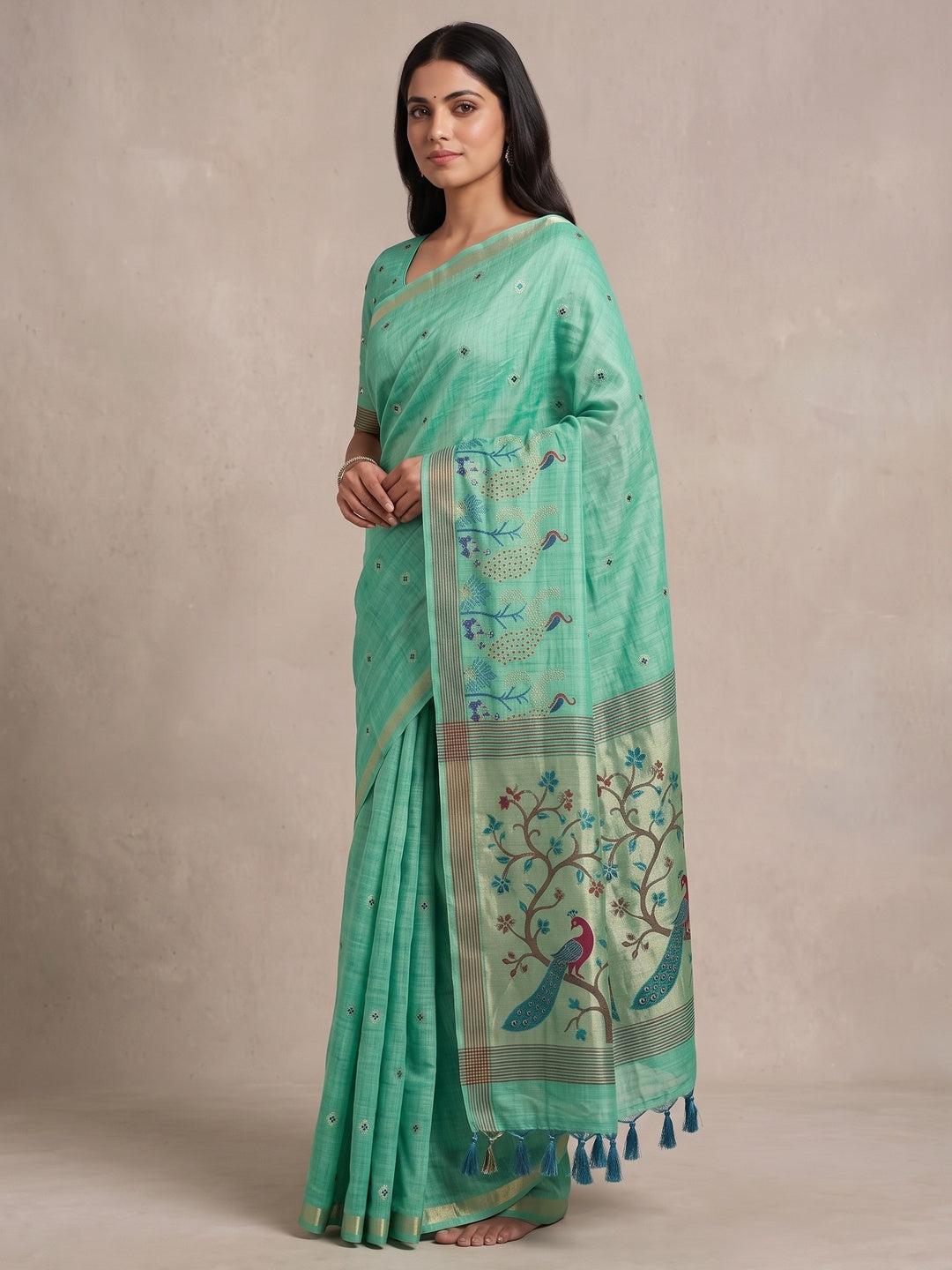 Peachmode Rama Green Cotton Blend Mirror Motif Saree - Image 4