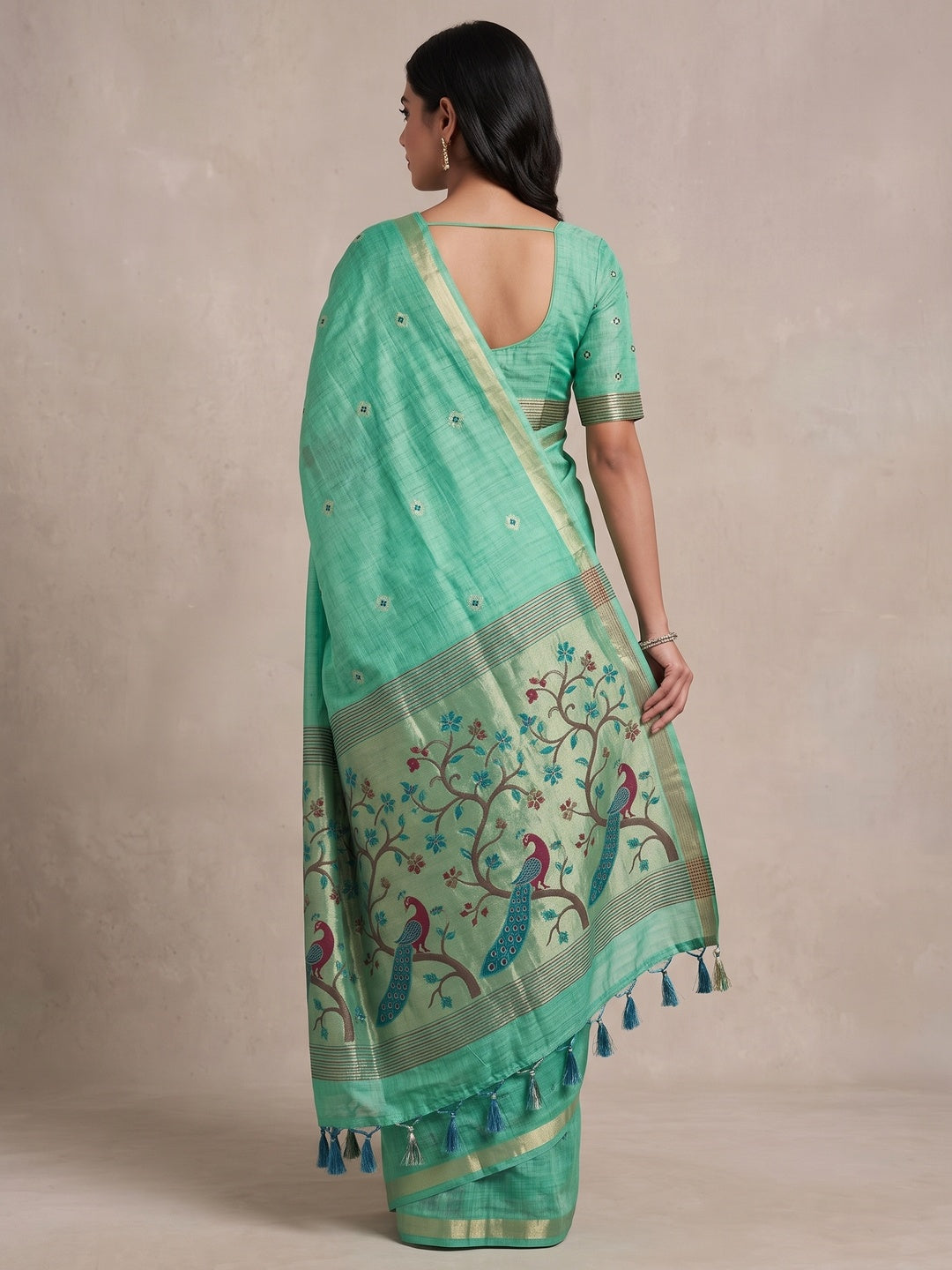 Peachmode Rama Green Cotton Blend Mirror Motif Saree - Image 5