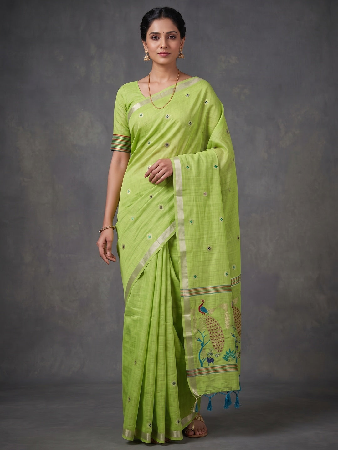 Peachmode Green Cotton Blend Mirror Motif Saree - Image 2
