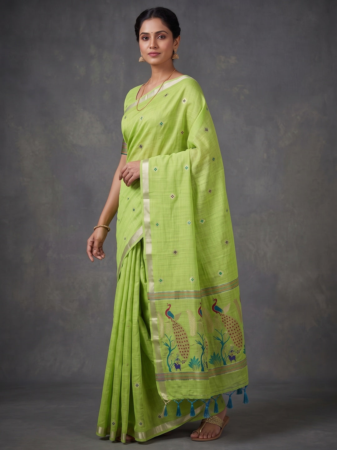 Peachmode Green Cotton Blend Mirror Motif Saree - Image 4