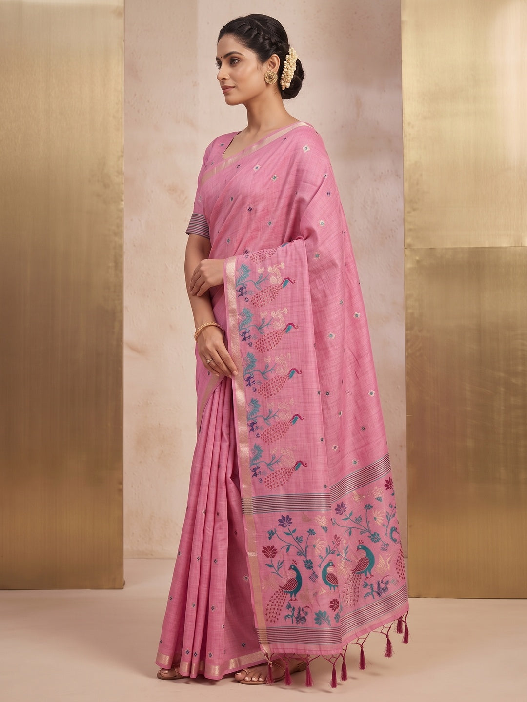 Peachmode Pink Cotton Blend Mirror Motif Saree - Image 4