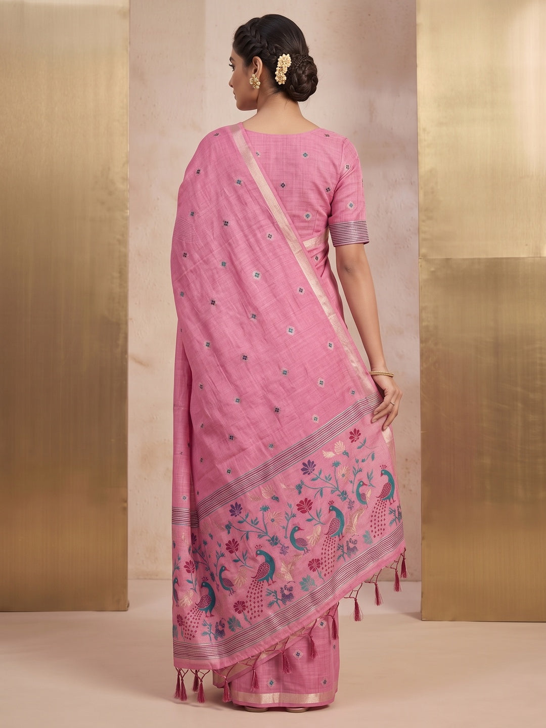 Peachmode Pink Cotton Blend Mirror Motif Saree - Image 5