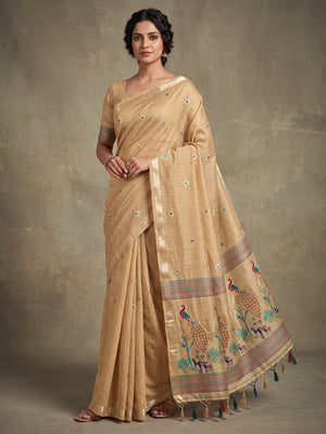 Peachmode Chikoo Cotton Blend Mirror Motif Saree - Image 1