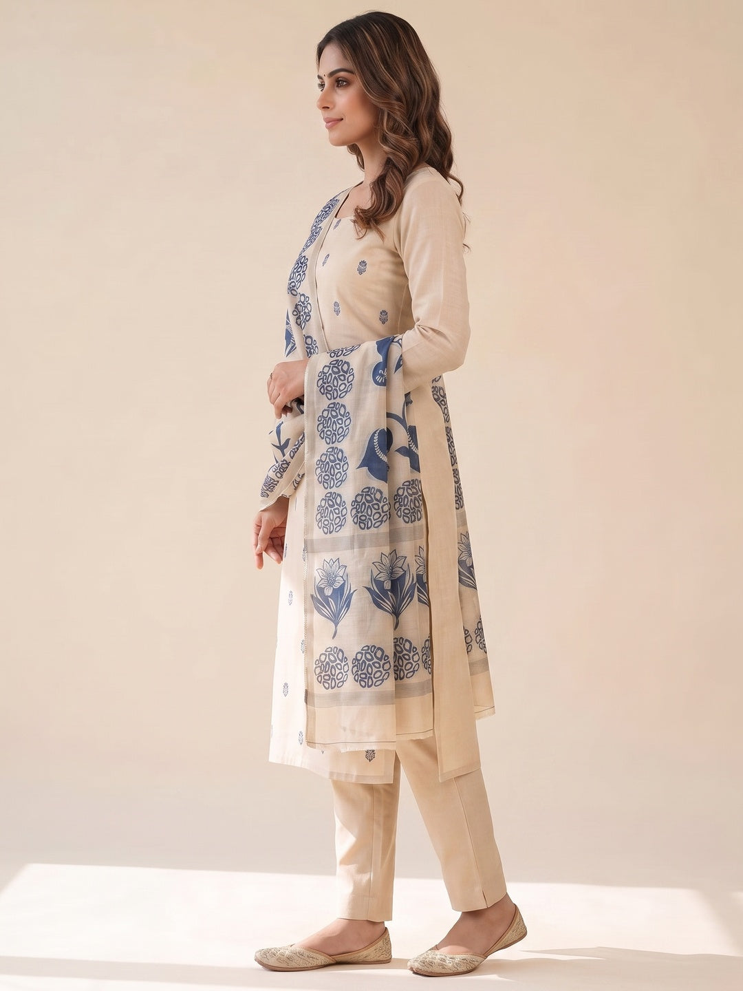 Peachmode Cream & Blue Linen Cotton Dress Material with Ethnic Motifs - Image 3