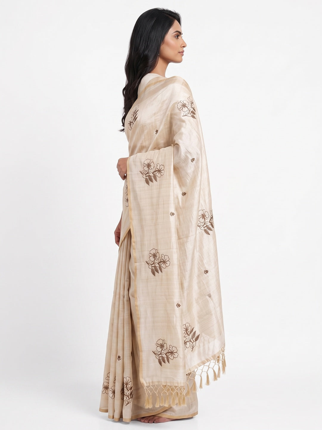 Festive Cream Saree with Exquisite Floral Embroidery Crafted in Art Silk - Image 3