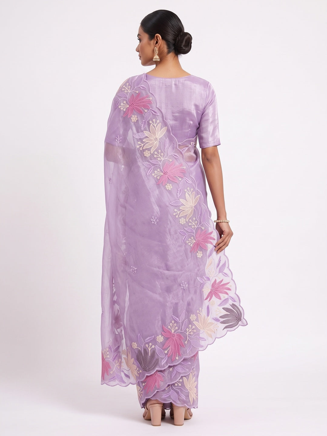 Lavender Organza Party Saree with Intricate Floral Embroidery - Image 2