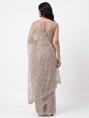 Beige Net Partywear Saree Featuring Fine Floral Embroidery and a Soft, Flowing Look - Image 2