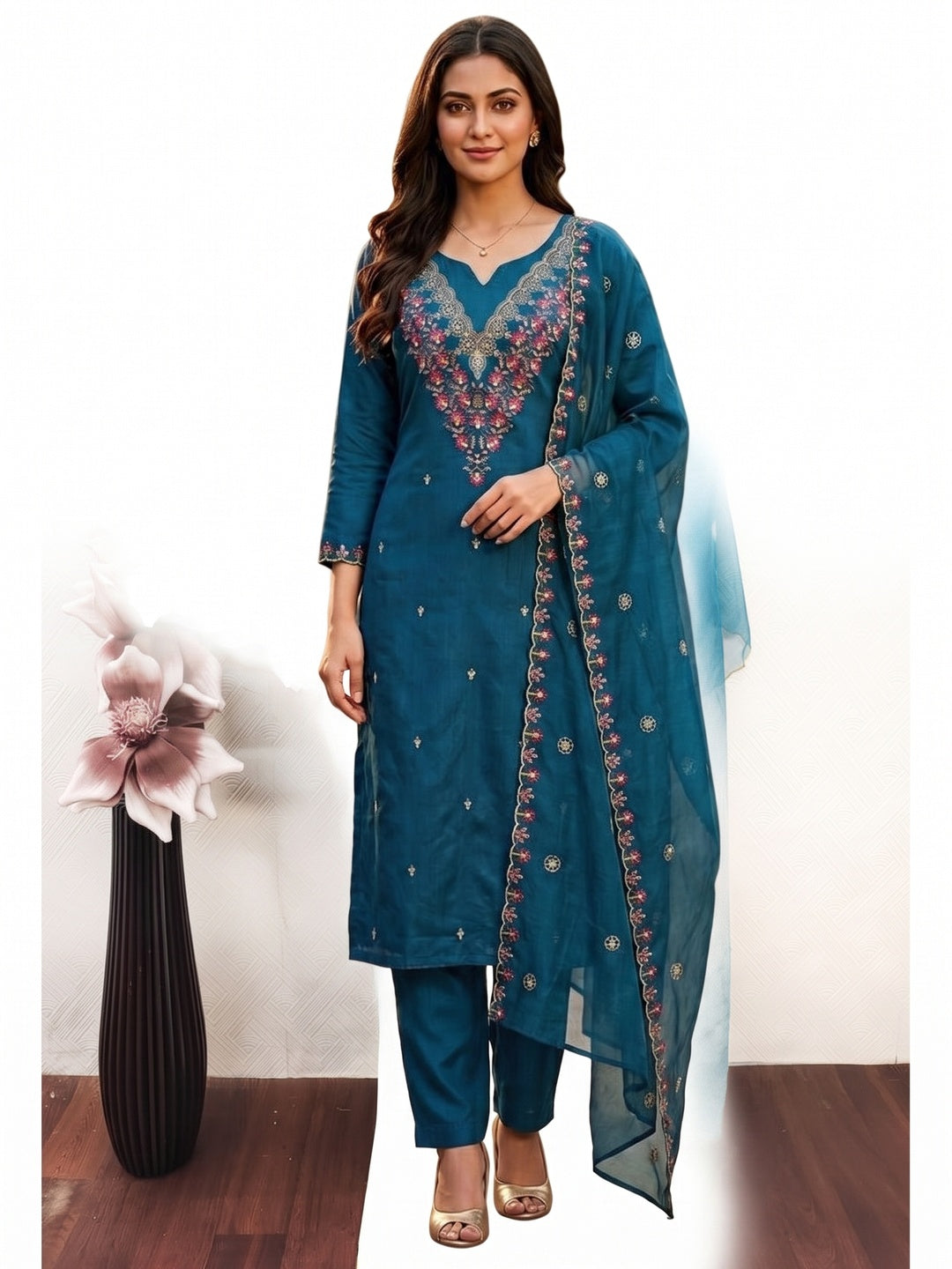 Peachmode Blue Art Silk Dress Material with Floral Embroidery - Image 5
