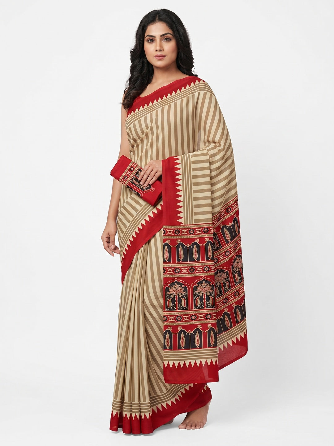 Timeless Chikoo & Red Crepe Silk Blend Saree Featuring Stylish Striped Print Work - Image 1