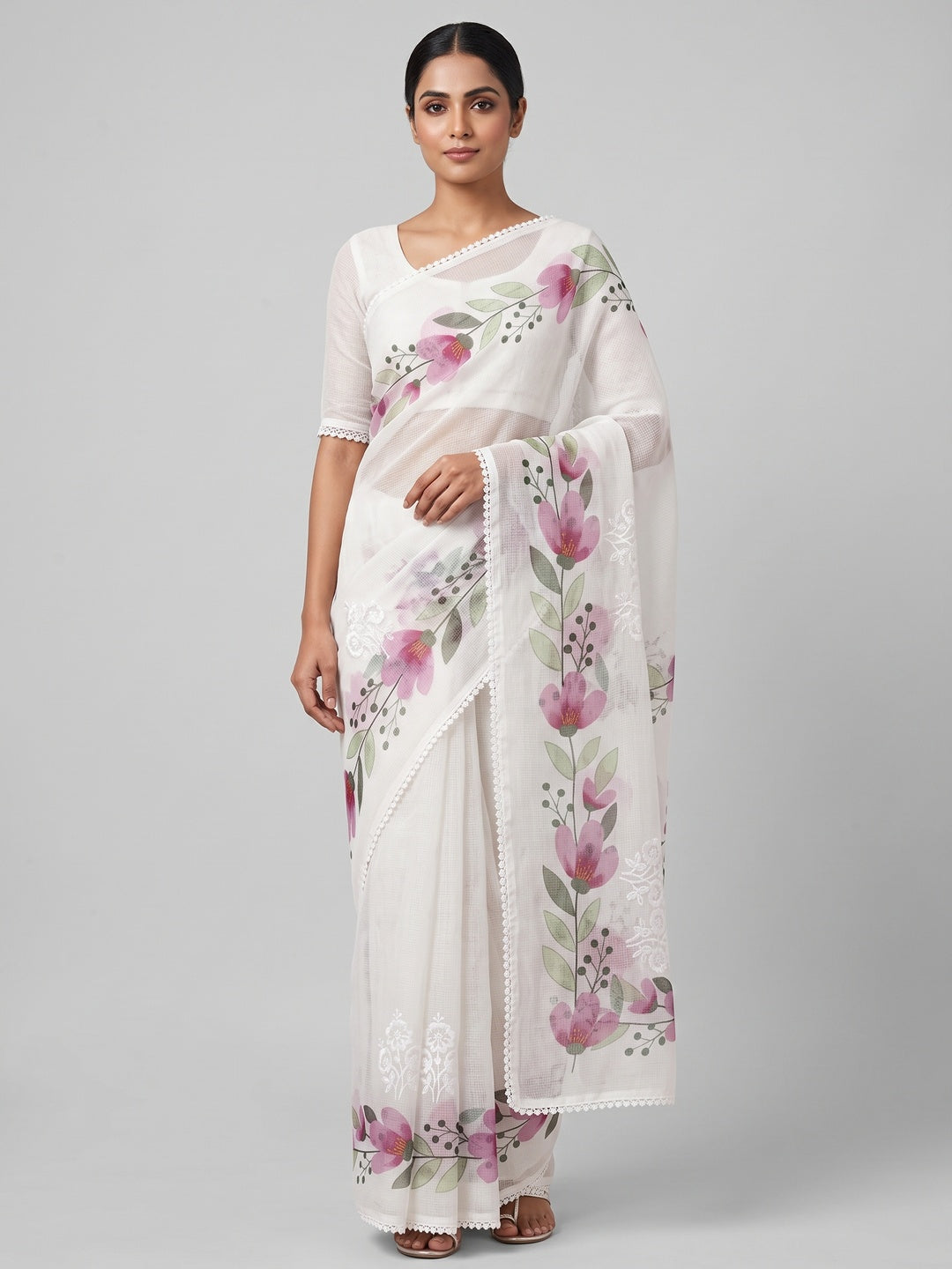 White Saree in Sheer Kota Doria Fabric with Floral Patterns and Intricate Embroidery - Image 1