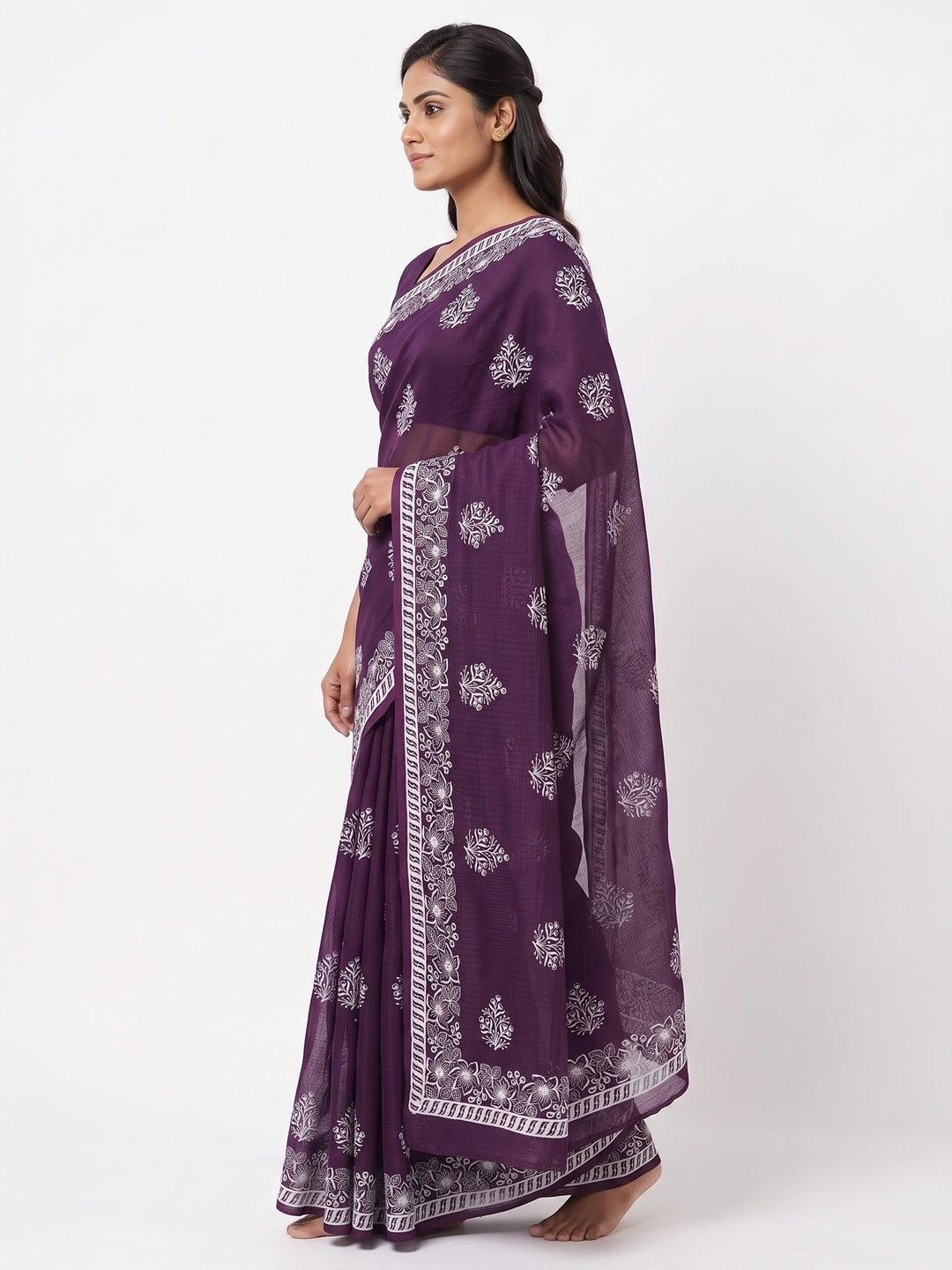 Dark Purple Floral Embroidered Kota Doria Saree - Image 3