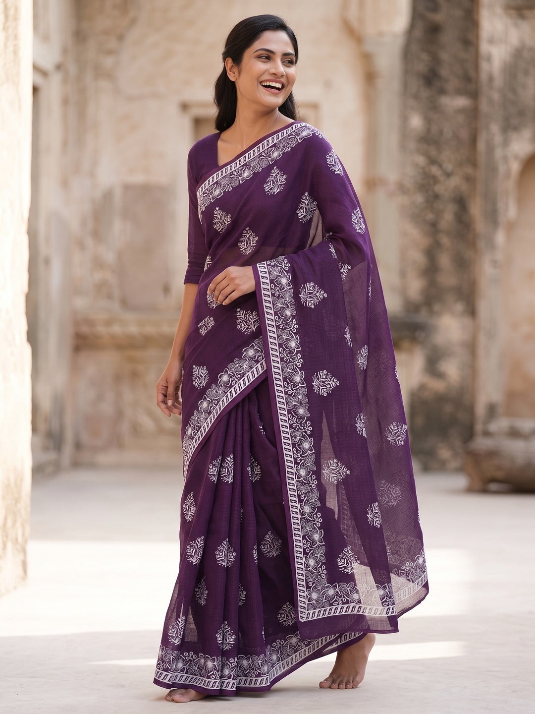 Dark Purple Floral Embroidered Kota Doria Saree - Image 4