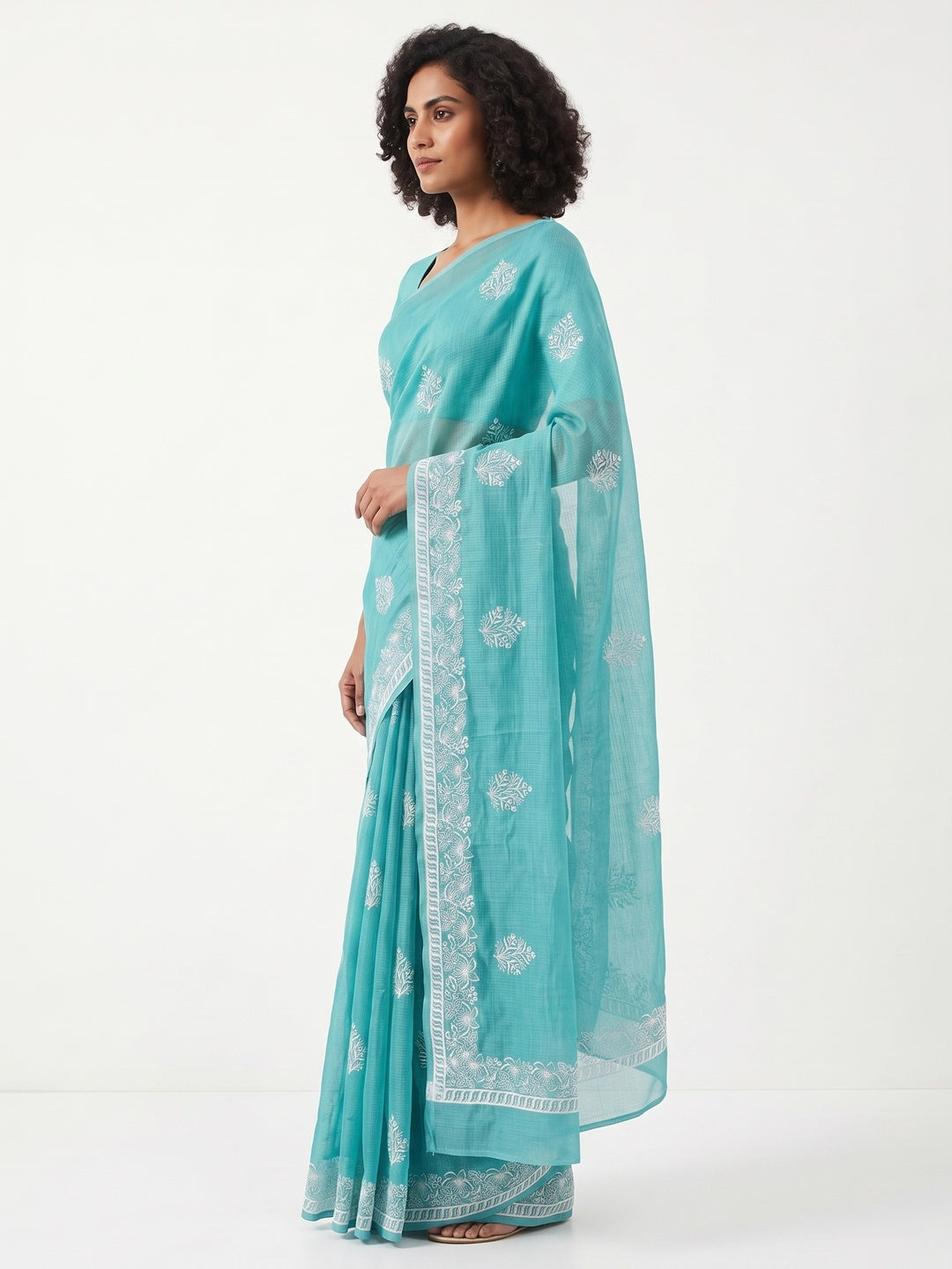 Elegant Turquoise Kota Doria Saree with Intricate Floral Embroidery Detailing - Image 3