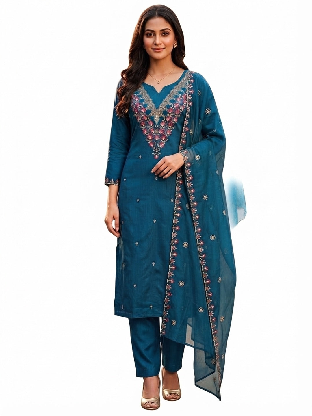 Peachmode Blue Art Silk Dress Material with Floral Embroidery - Image 9