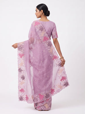 Pink Organza Party Saree with Intricate Floral Embroidery - Image 2