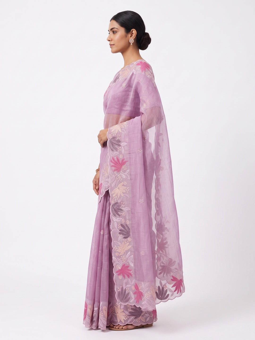 Pink Organza Party Saree with Intricate Floral Embroidery - Image 3