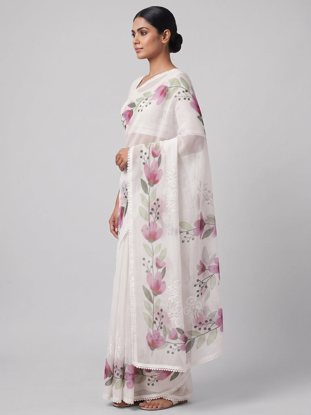 White Saree in Sheer Kota Doria Fabric with Floral Patterns and Intricate Embroidery - Image 3