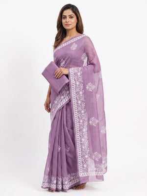 Elegant Light Purple Kota Doria Saree with Intricate Floral Embroidery Detailing - Image 1