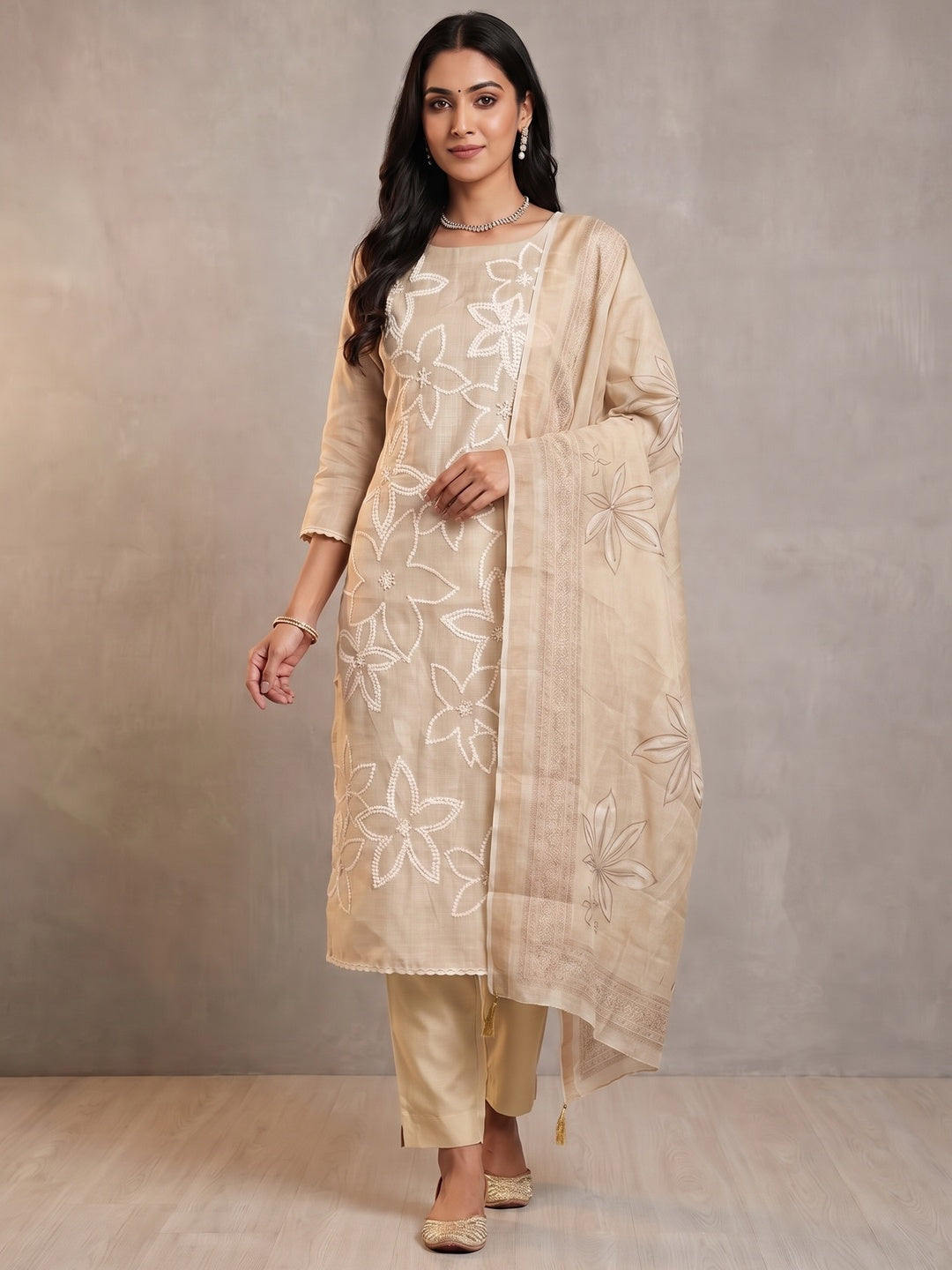 Peachmode Cream Linen Dress Material with Floral - Image 1