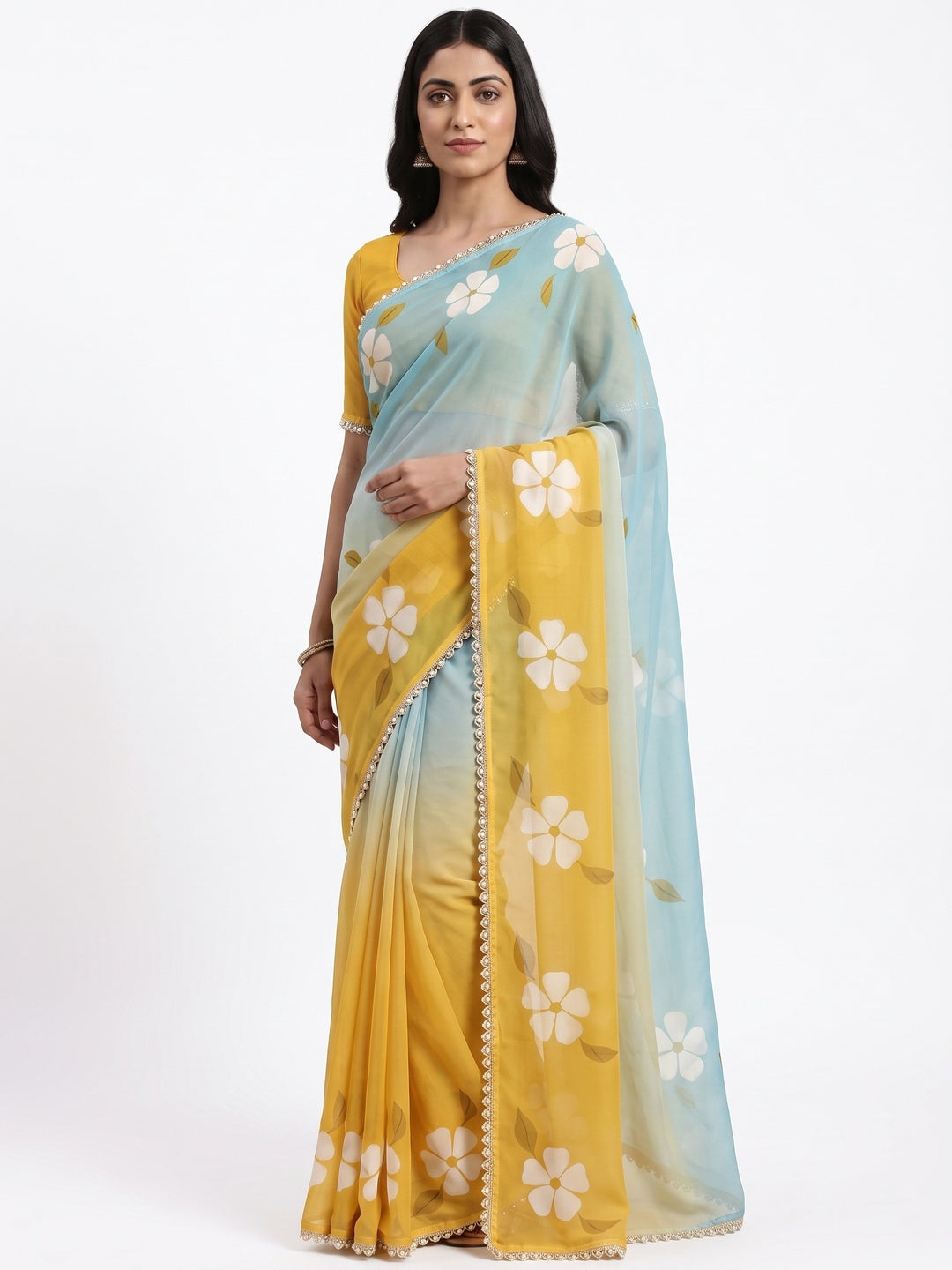Peachmode Mustard Yellow Georgette Floral Printed Saree - Image 1