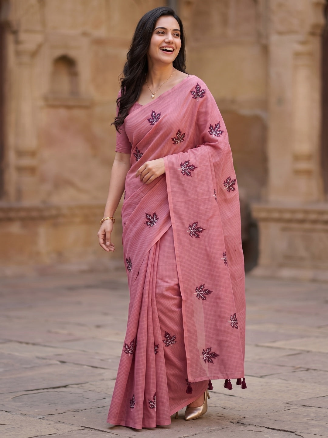 Peachmode Pink Kota Doria Embroidered Saree - Image 7