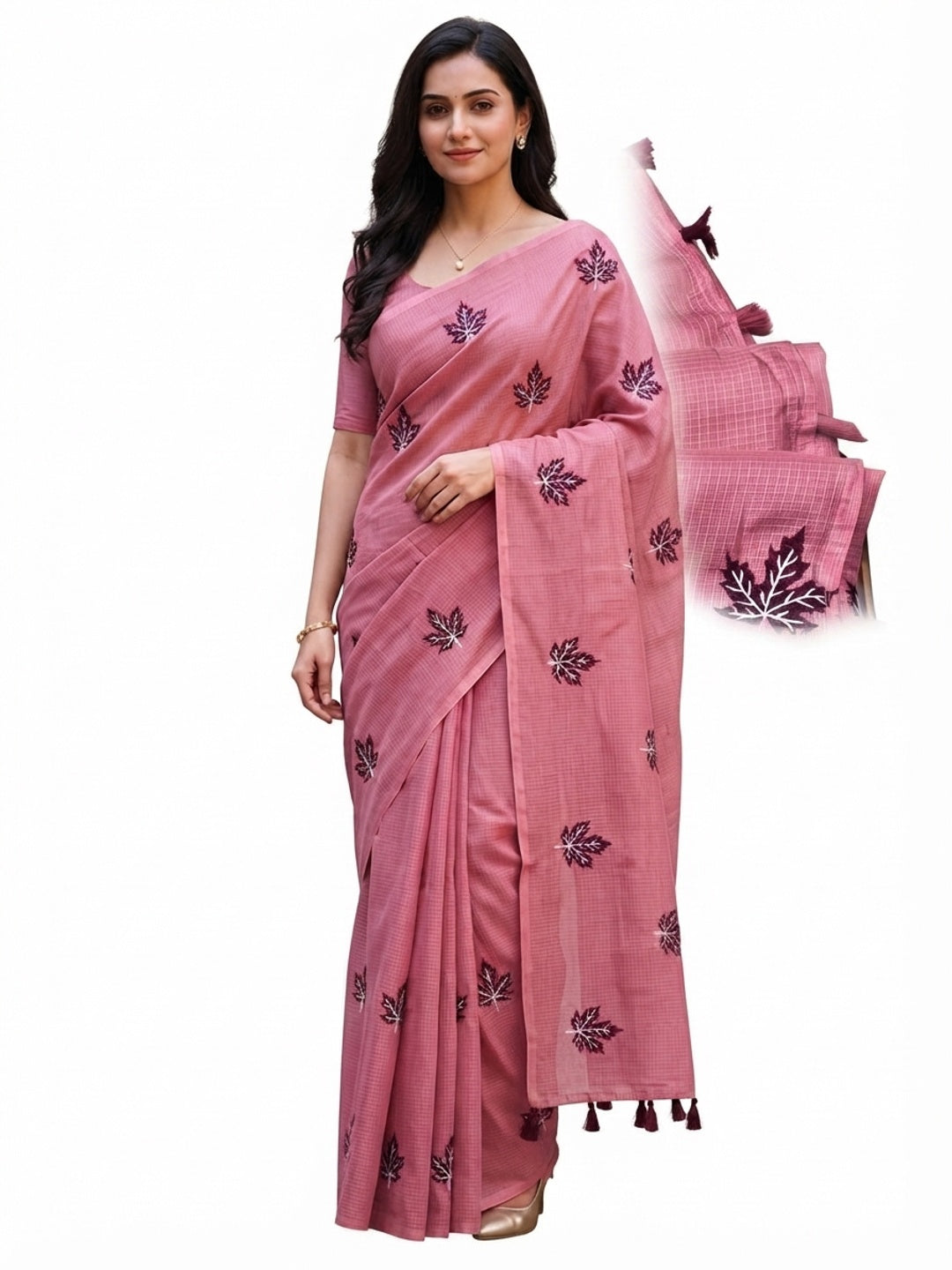 Peachmode Pink Kota Doria Embroidered Saree - Image 8