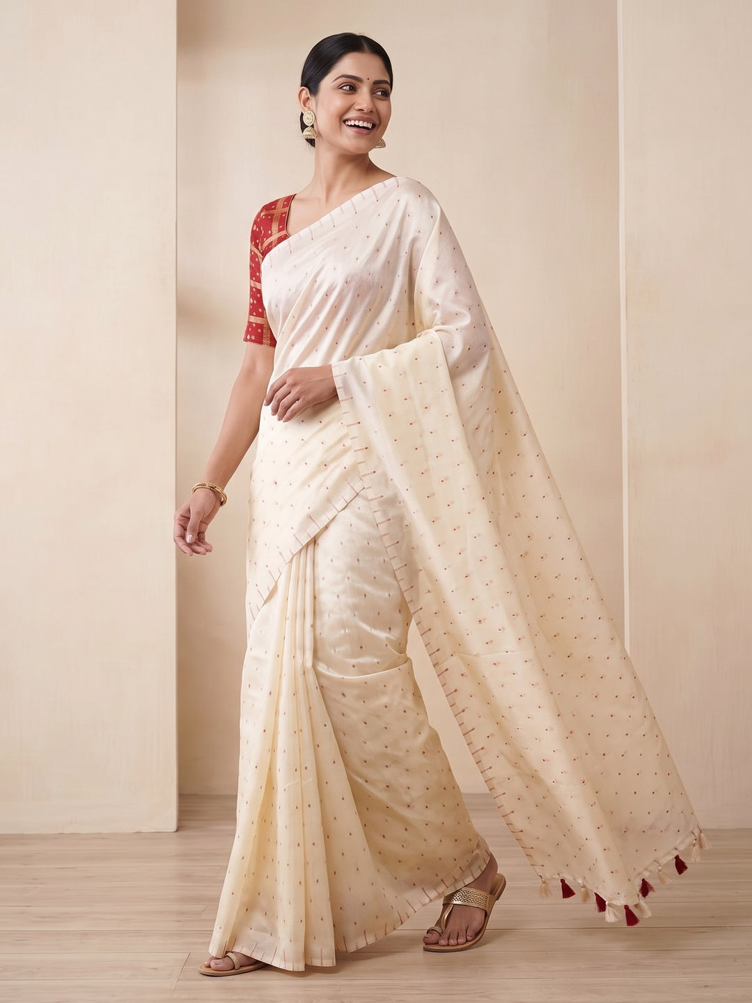 Peachmode Cream Chanderi Silk Saree with Red Blouse - Image 4