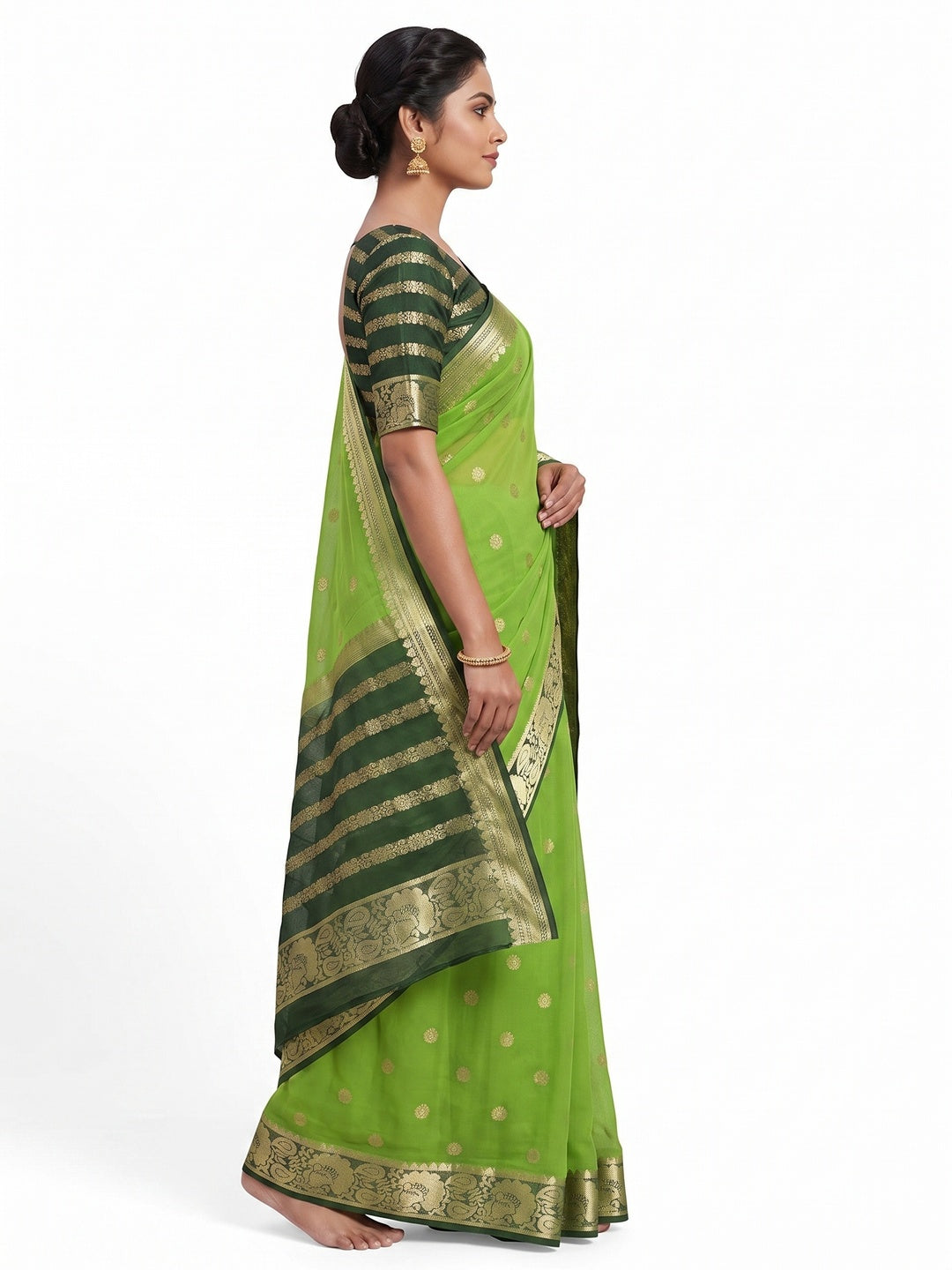 Green Saree In Pure Viscose Featuring Intricate Floral Zari Weaving - Image 3