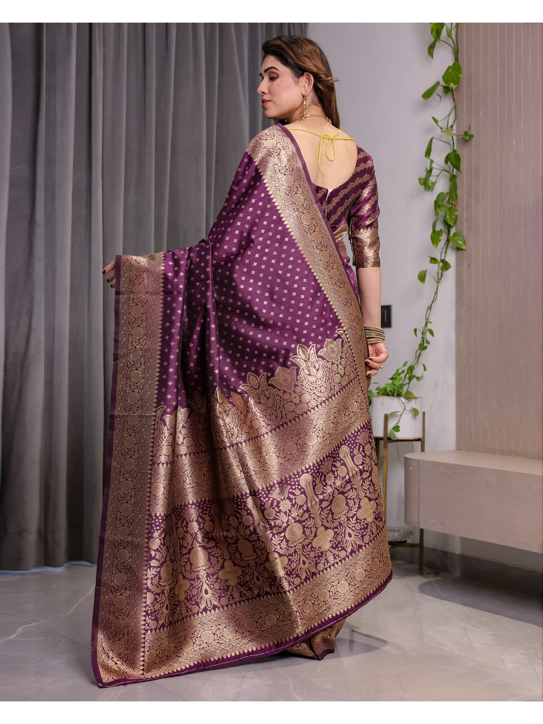 Wine Soft Lichi Silk Saree with Zari Woven Border - Image 3