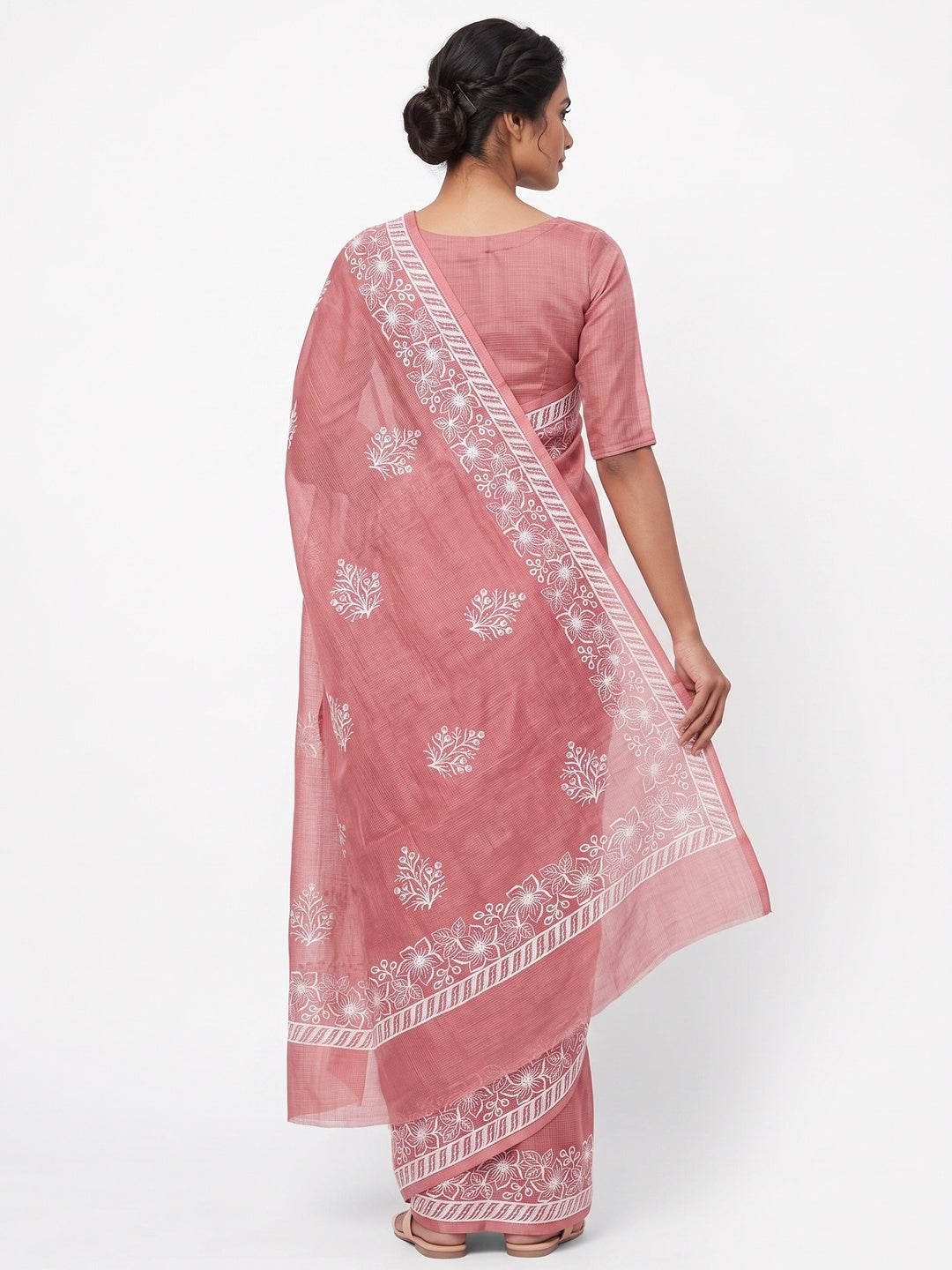 Elegant Peach Kota Doria Saree with Intricate Floral Embroidery Detailing - Image 2