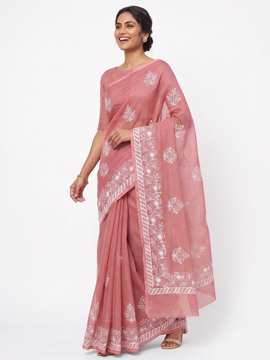 Elegant Peach Kota Doria Saree with Intricate Floral Embroidery Detailing - Image 4