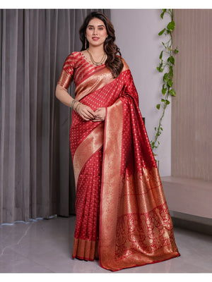 Red Soft Lichi Silk Saree with Zari Woven Border - Image 1