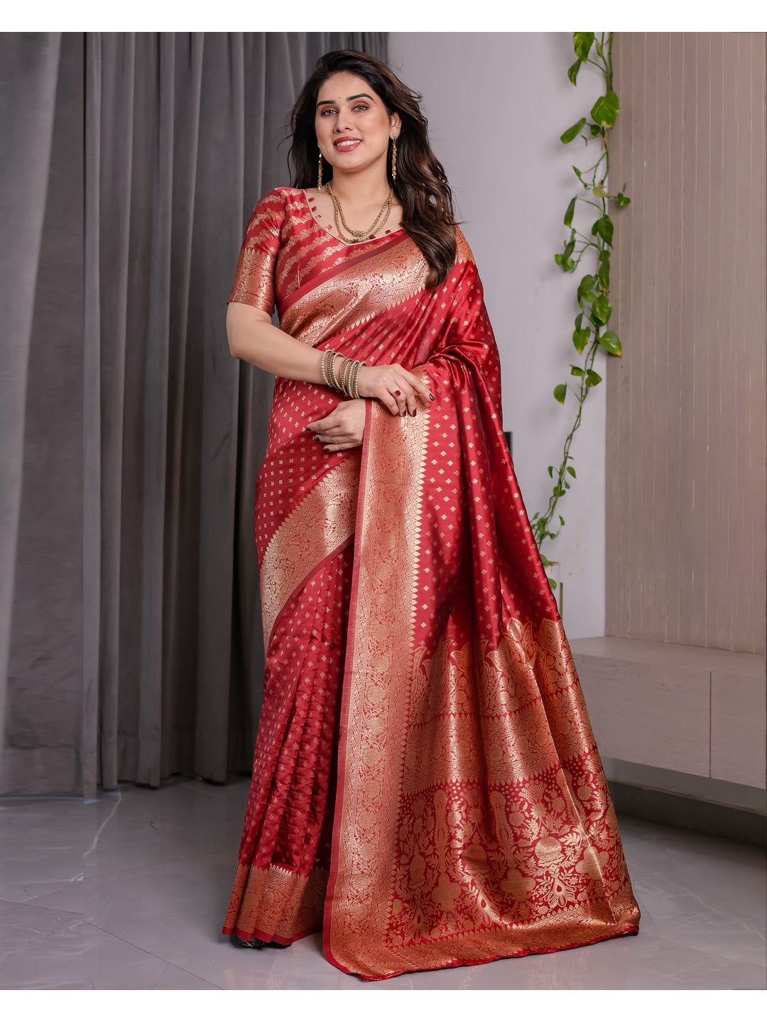 Red Soft Lichi Silk Saree with Zari Woven Border - Image 2
