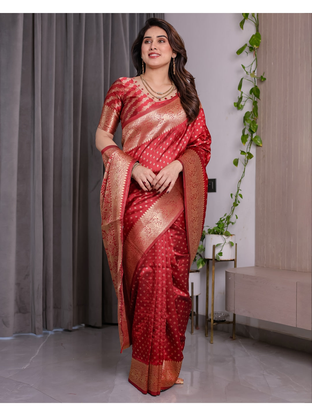 Red Soft Lichi Silk Saree with Zari Woven Border - Image 5