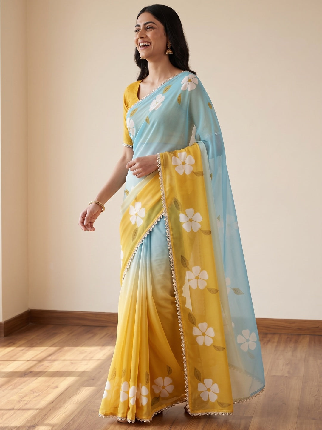 Peachmode Mustard Yellow Georgette Floral Printed Saree - Image 4