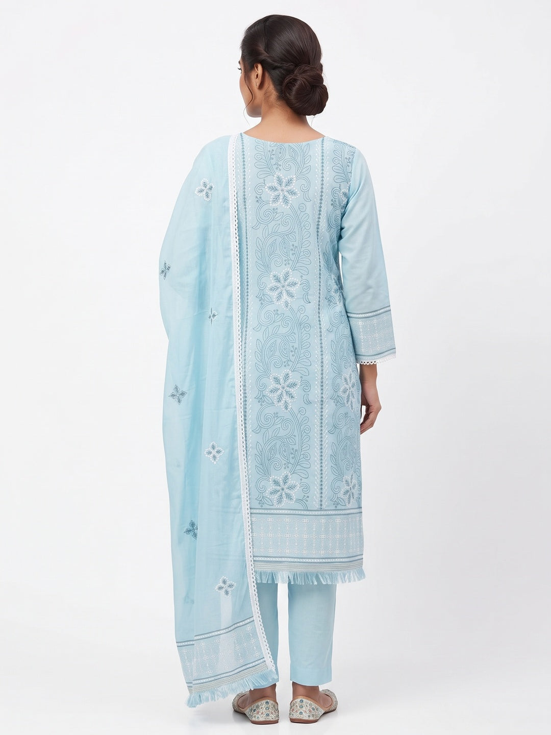 Blue Cotton Blend Dress Material With Intricate Floral Thread Embroidery Work - Image 2