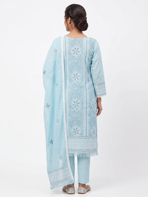 Blue Cotton Blend Dress Material With Intricate Floral Thread Embroidery Work - Image 2