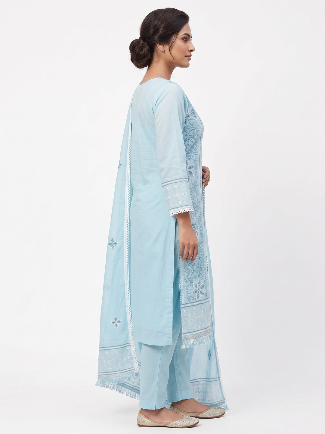 Blue Cotton Blend Dress Material With Intricate Floral Thread Embroidery Work - Image 3