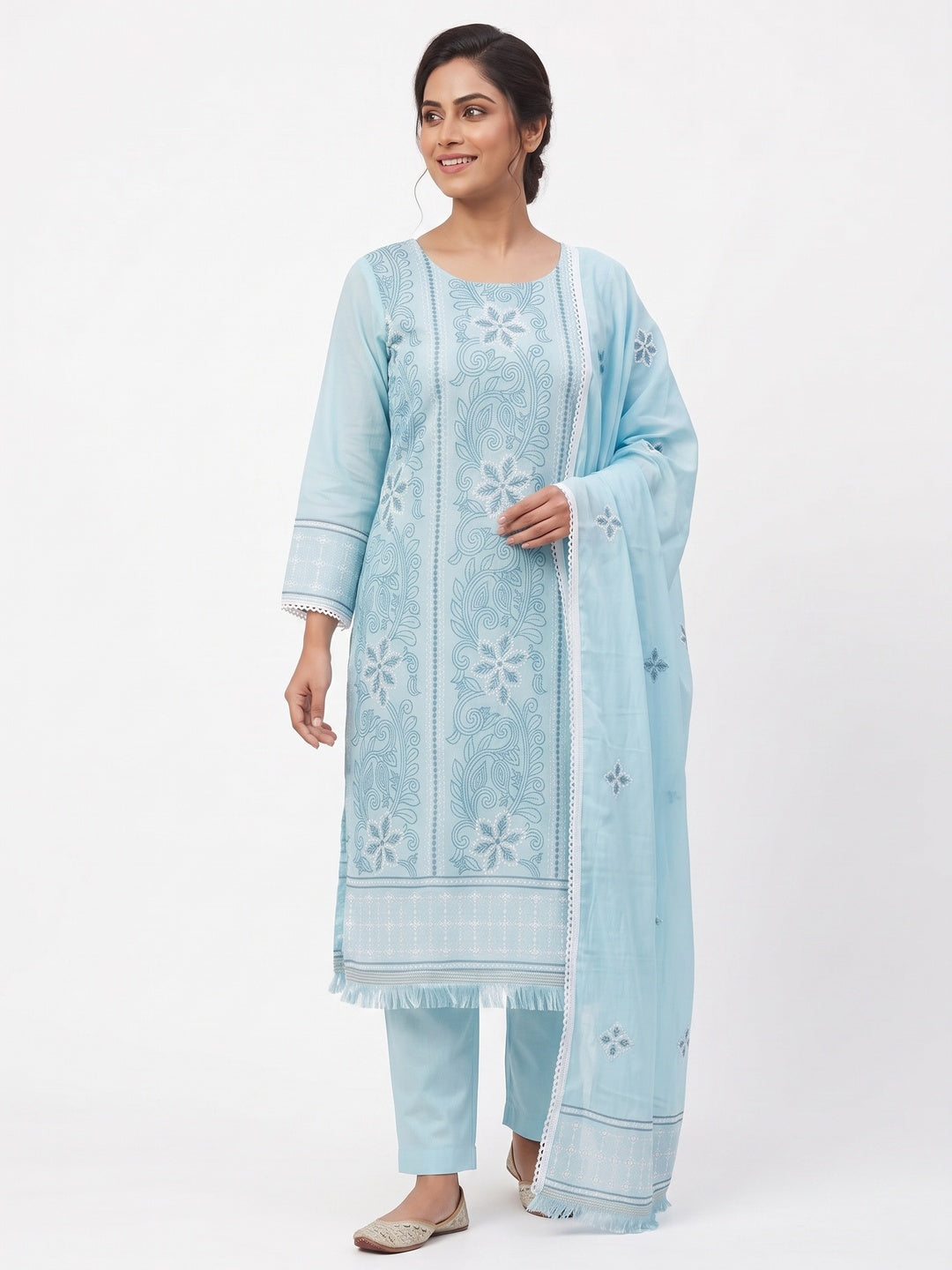 Blue Cotton Blend Dress Material With Intricate Floral Thread Embroidery Work - Image 4