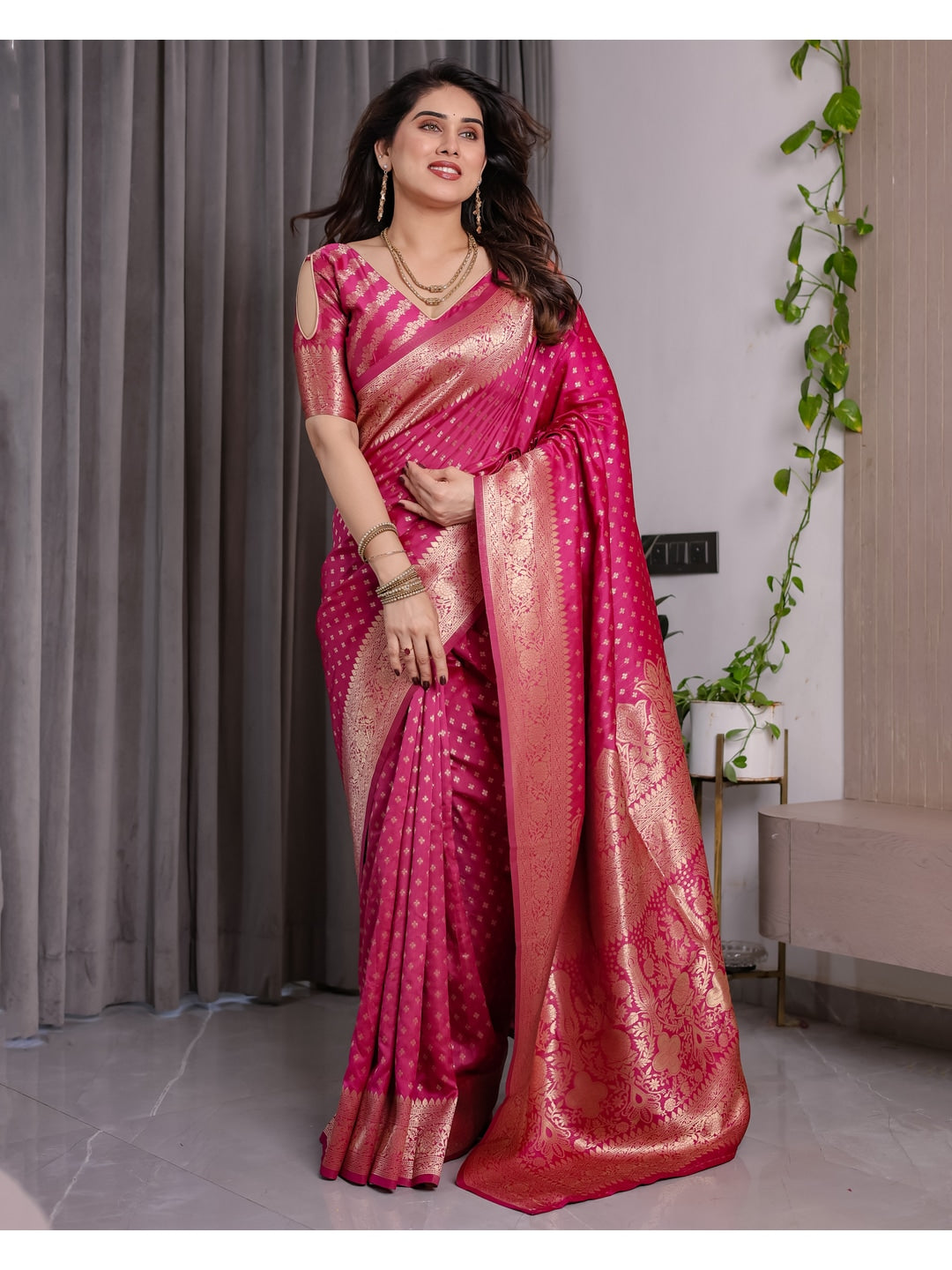 Pink Soft Lichi Silk Saree with Zari Woven Border - Image 6