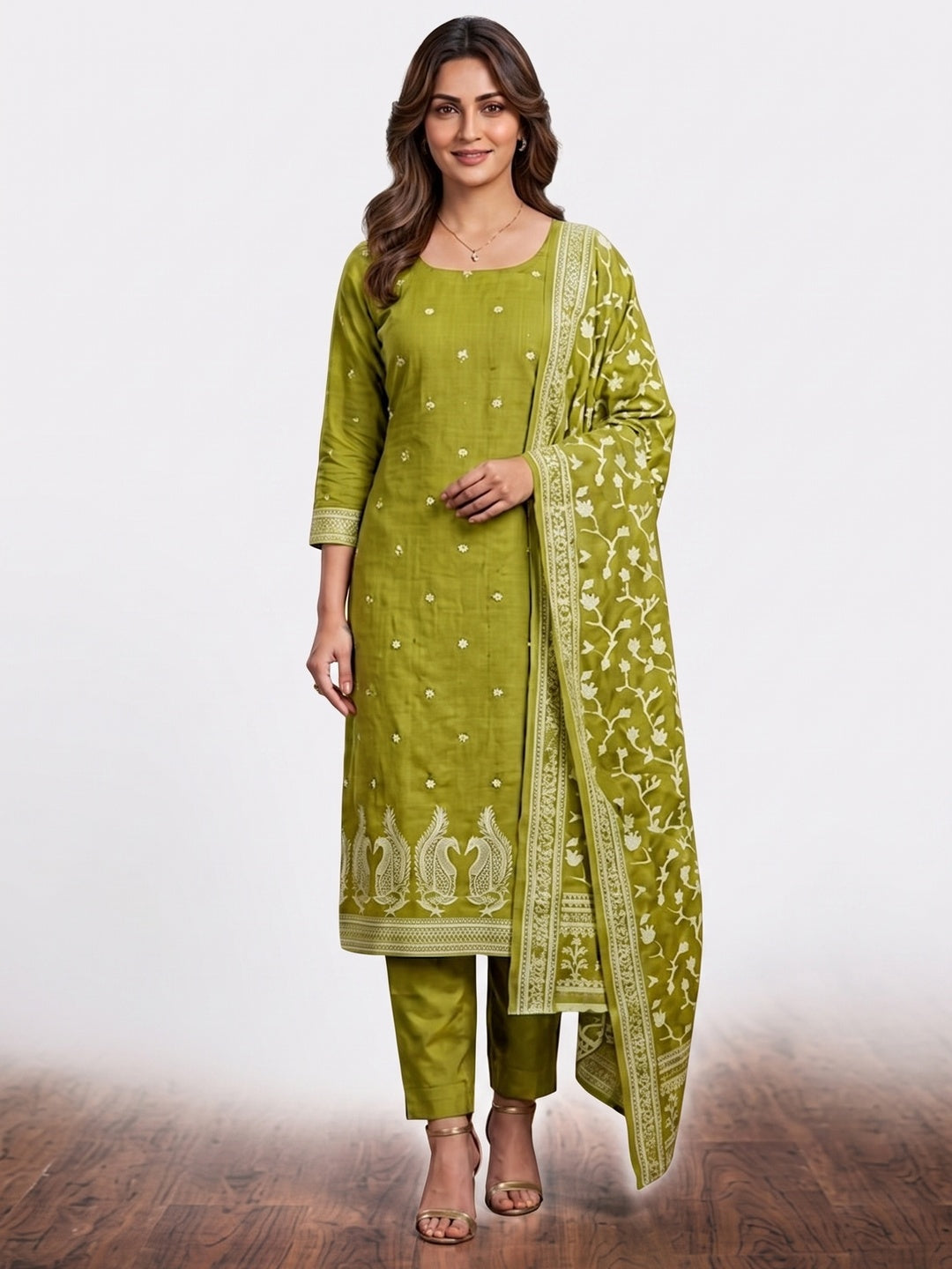 Peachmode Olive Cotton Dress Material with Ethnic Motifs - Image 2