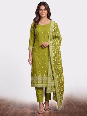 Peachmode Olive Cotton Dress Material with Ethnic Motifs - Image 2