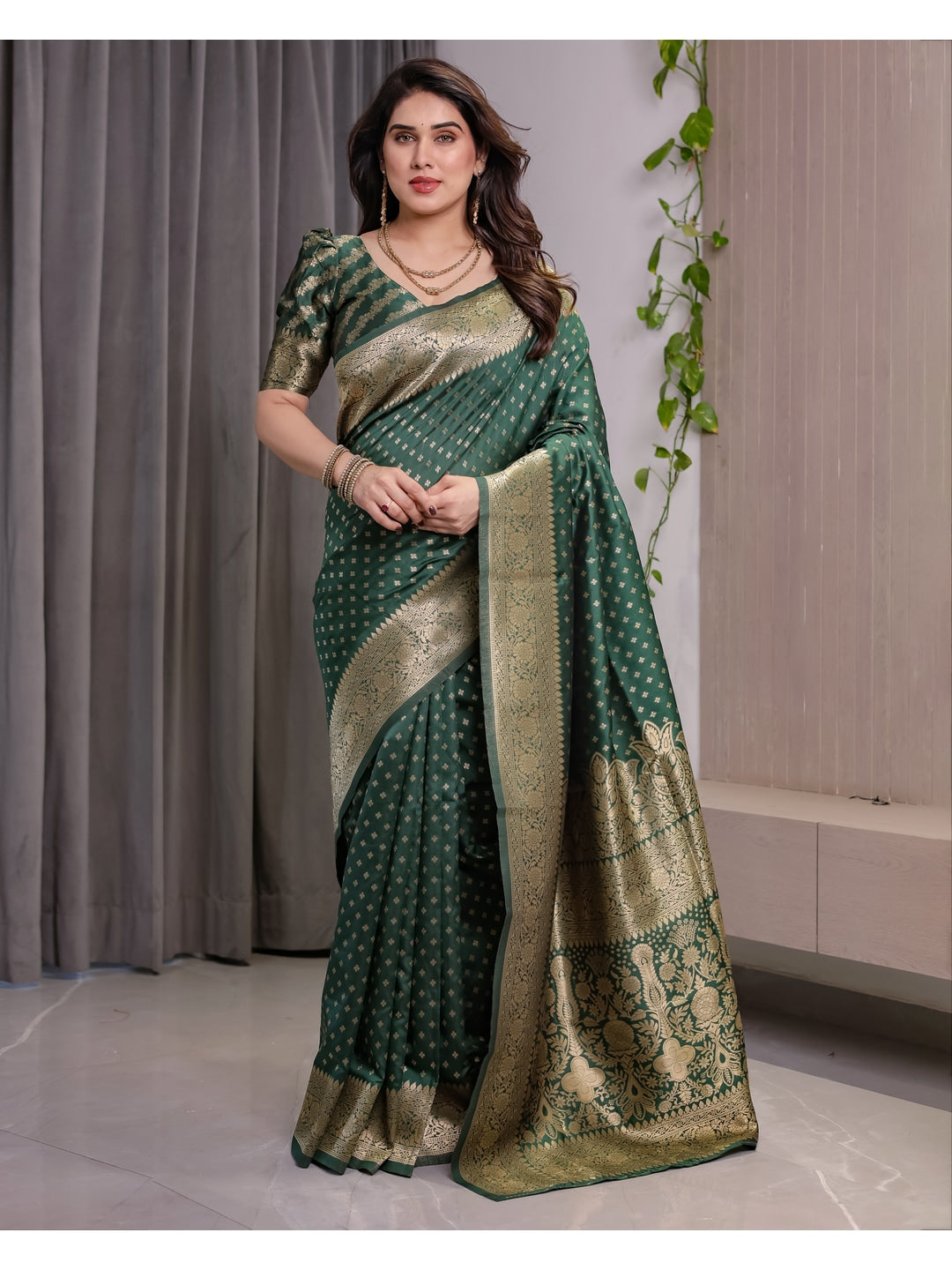 Green Soft Lichi Silk Saree with Zari Woven Border - Image 1